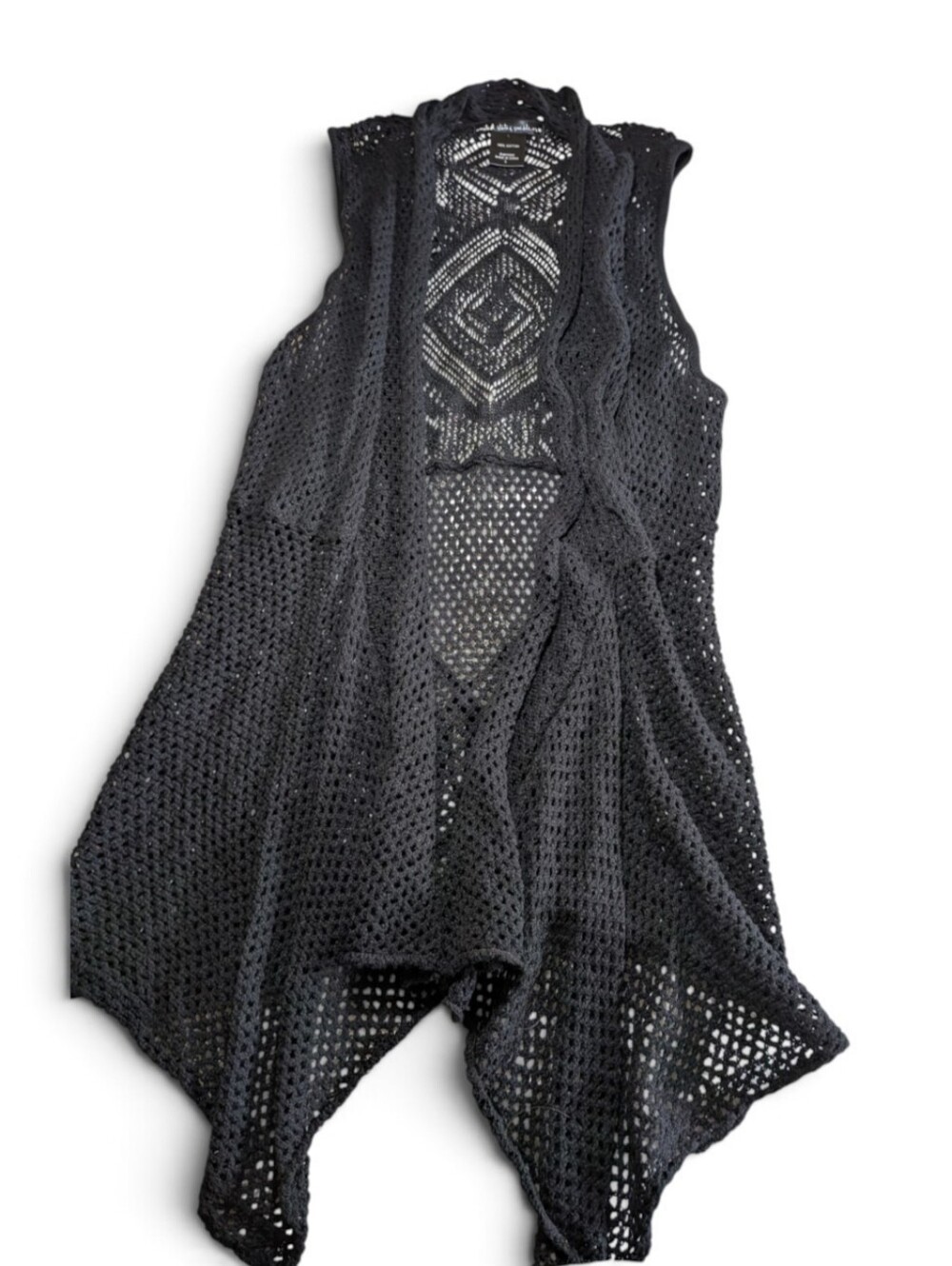 VTG United States Sweaters 100% Cotton Open Crochet Lace Waterfall Vest Black L